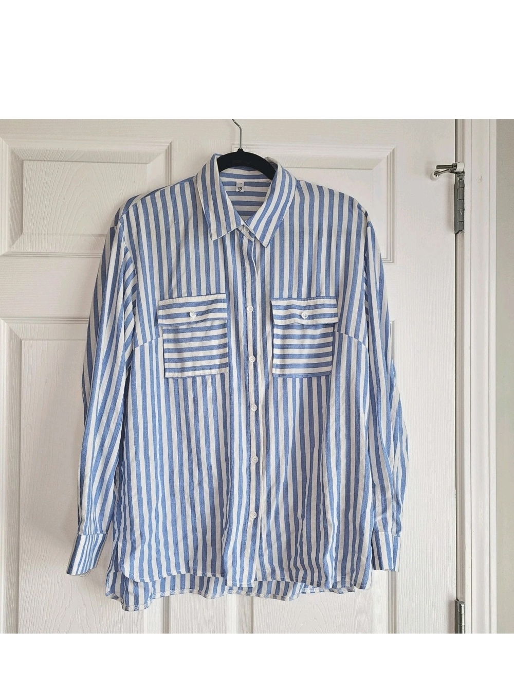 OMSJ White Royal Blue LS Button Down Striped Shirt Blouse Womens L Old Money
